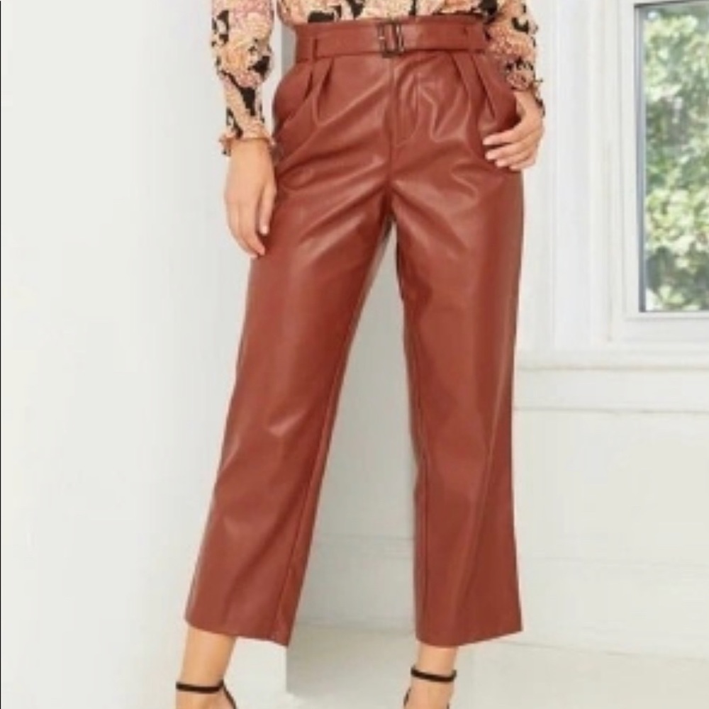 Burgundy leather ankle pants